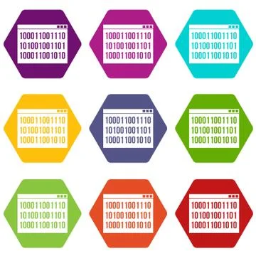 Binary code icon set color hexahedron Stock Illustration