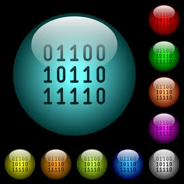 Binary code icons in color illuminated glass buttons Stock Illustration