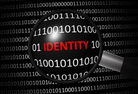 Binary code with identity and magnifying lens on black background Stock Illustration