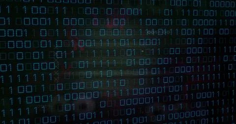 Binary code image over dark background with red and blue hues Stockfoto's