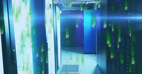 Binary code image over data center servers Illustrazione stock
