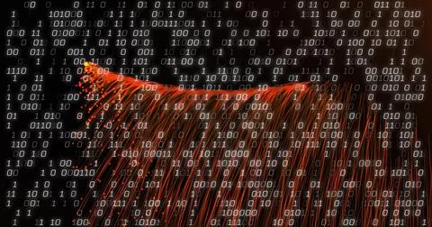 Binary code image over fiber optic cables on dark background イラスト素材
