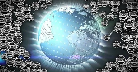 Binary code image over globe with network connections and data symbols Stock Photos
