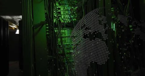 Binary code image over green-lit server racks in data center Stock Photos