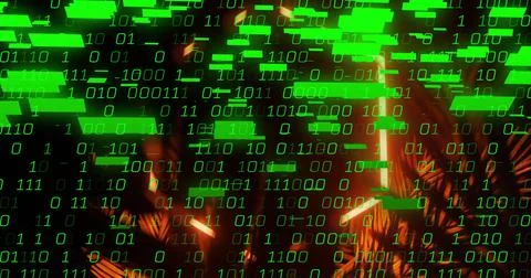 Binary code image over neon lights and abstract shapes 스톡 사진