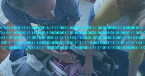 Binary code image over people packing suitcase 库存照片