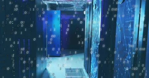 Binary code image over server room with blue lighting Stock Illustration
