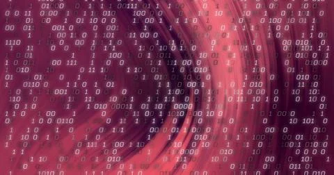 Binary code image over swirling red and purple abstract background Stock Illustration