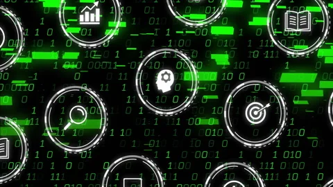 Binary code initiating sliding icons shifting grid fading, glitch bars sweeping Stock Footage 310141094