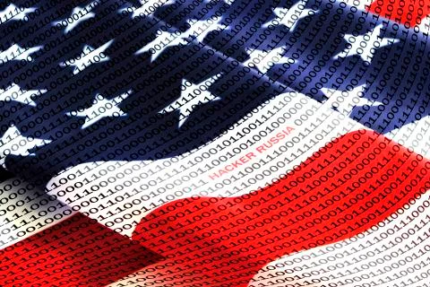 Binary code with inscription hacker russian on background of American flag. Stockfoto's