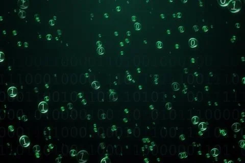 The binary code inside the bubbles rises. Green interface. 3d illustration イラスト素材