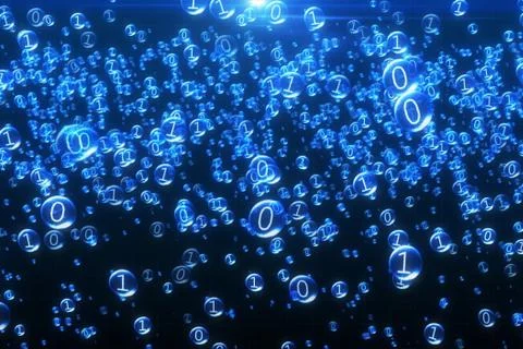 The binary code inside the bubbles rises. Blue interface, 3d illustration Illustrazione stock