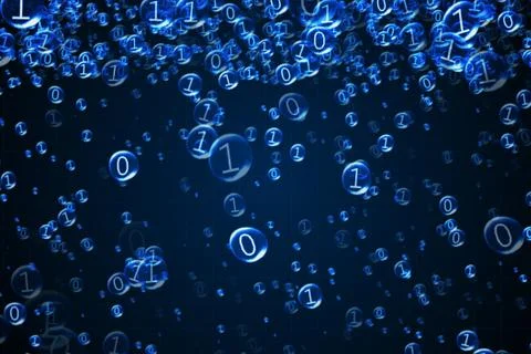 The binary code inside the bubbles rises. Blue interface, 3d illustration Illustrazione stock