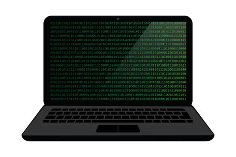 Binary code inside the laptop isolated on white background Stock Illustration