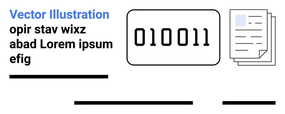 Binary code inside rectangle, stacked documents with blue corner, and placeho Stock Illustration