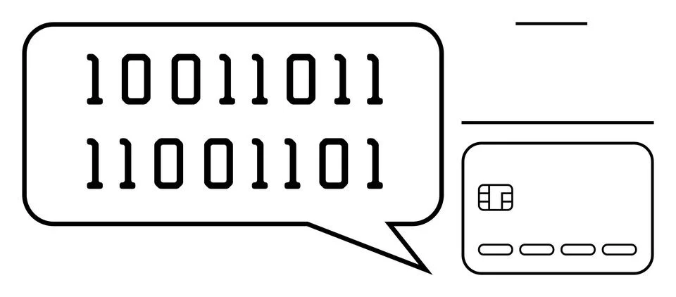 Binary code inside a speech bubble next to a credit card. Ideal for cybersecu Stock Illustration