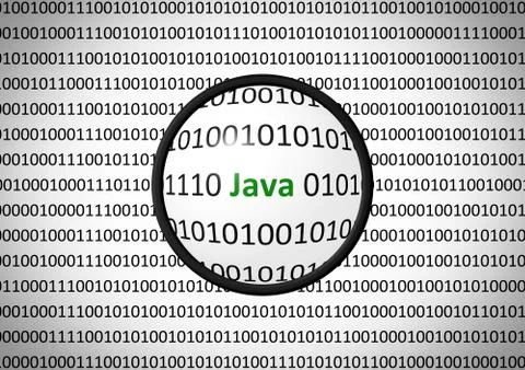 Binary code with Java and magnifying lens on white background Stock Illustration