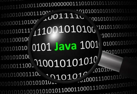 Binary code with Java and magnifying lens on black background 스톡 일러스트