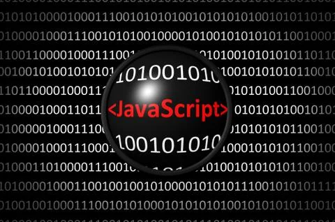 Binary code with JavaScript and magnifying lens on black background Stock Illustration