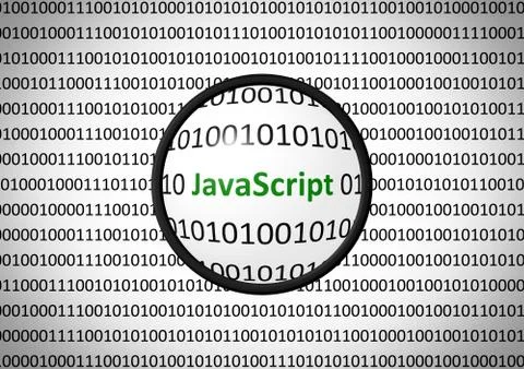 Binary code with JavaScript and magnifying lens on white background Stock Illustration