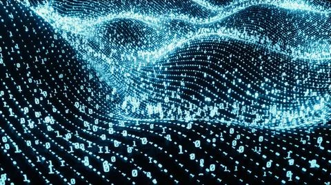 Binary Code Landscape Blue Digital binary code on landscape, glowing neon ... Foto stock