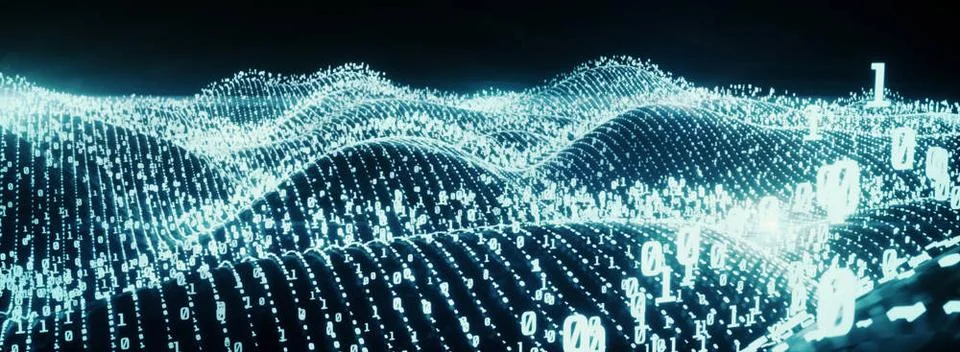 Binary Code Landscape Panoramic Blue Digital binary code on landscape, glo... Stockfoto's