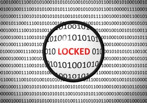 Binary code with LOCKED and magnifying lens on white background Stock Illustration
