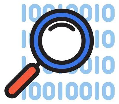 Binary code with magnifying glass. Color research icon Stock Illustration