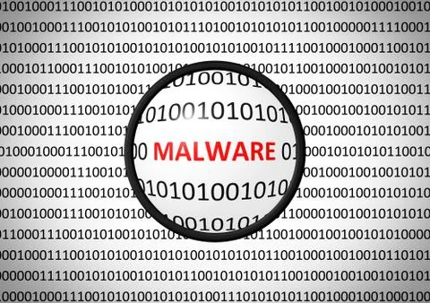 Binary code with MALWARE and magnifying lens on white background Stock Illustration