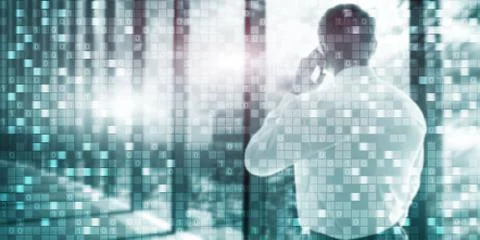 Binary code The man is talking on the phone. Stock Photos