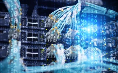 Binary code matrix digital internet technology concept on server room background Stock Photos