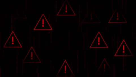 Binary code matrix rows cascade around flashing red risk alerts on grid sur.. Stock Footage 340998356