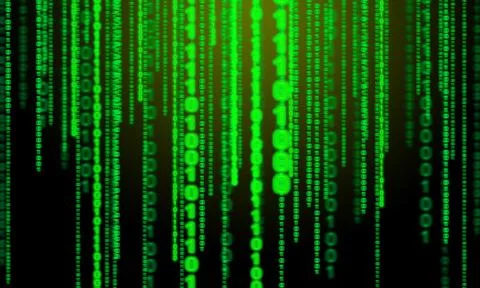 Binary code with neon green rays on a black background. Stock Illustration