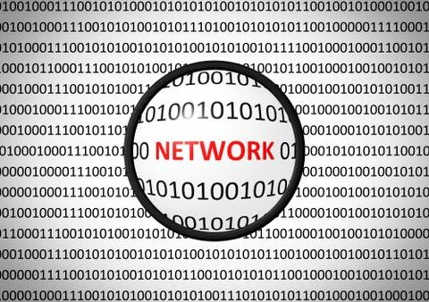 Binary code with NETWORK and magnifying lens on white background Stock Illustration
