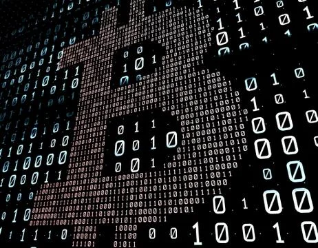 Binary code network matrix, Bitcoin, data transmission and storage Stock Illustration