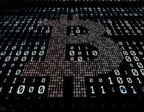 Binary code network matrix, Bitcoin, data transmission and storage Stock Illustration