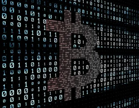 Binary code network matrix, Bitcoin, data transmission and storage Stock Illustration