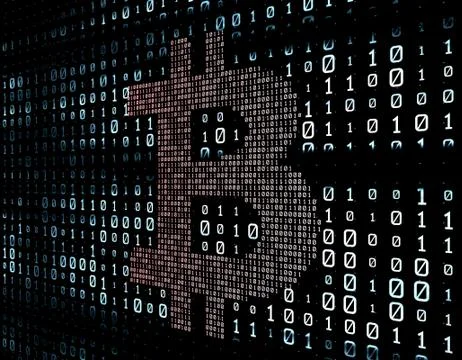 Binary code network matrix, Bitcoin, data transmission and storage Stock Illustration