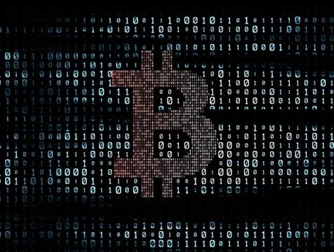 Binary code network matrix, Bitcoin, data transmission and storage Stock Illustration