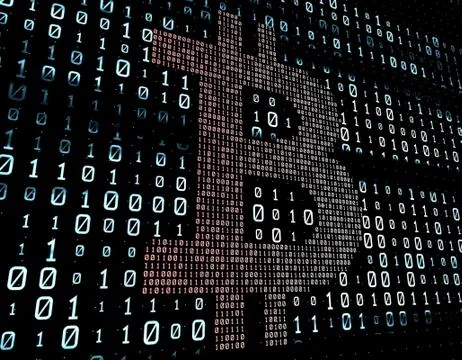 Binary code network matrix, Bitcoin, data transmission and storage Stockillustratie