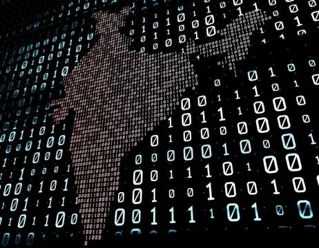 Binary code network matrix, India map, data transmission and storage Stock Illustration