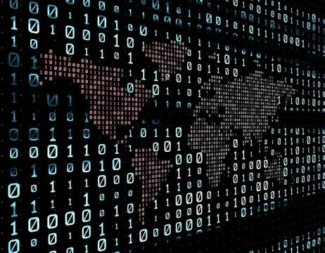 Binary code network matrix, world map, data transmission and storage Stock Illustration