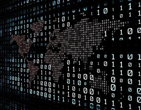Binary code network matrix, world map, data transmission and storage Stock Illustration