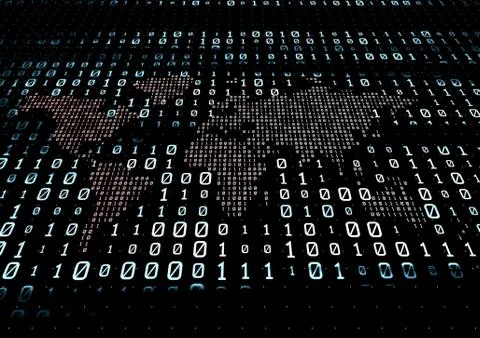 Binary code network matrix, world map, data transmission and storage Stock Illustration