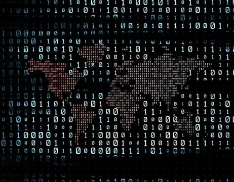 Binary code network matrix, world map, data transmission and storage Stock Illustration