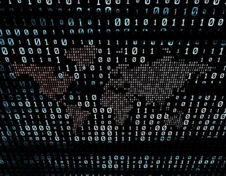 Binary code network matrix, world map, data transmission and storage Stock Illustration