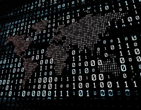Binary code network matrix, world map, data transmission and storage Illustrazione stock