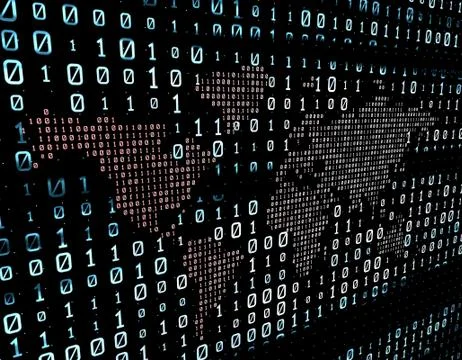 Binary code network matrix, world map, data transmission and storage Stock Illustration