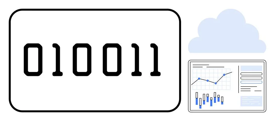 Binary code next to analytics dashboard featuring charts and graphs, alongsid Stock Illustration