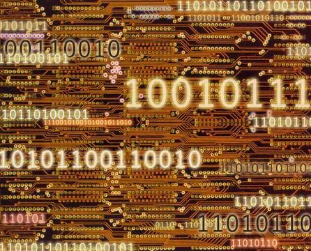 BINARY CODE NUMBERS AND CIRCUIT BOARD BACKGROUND 库存照片